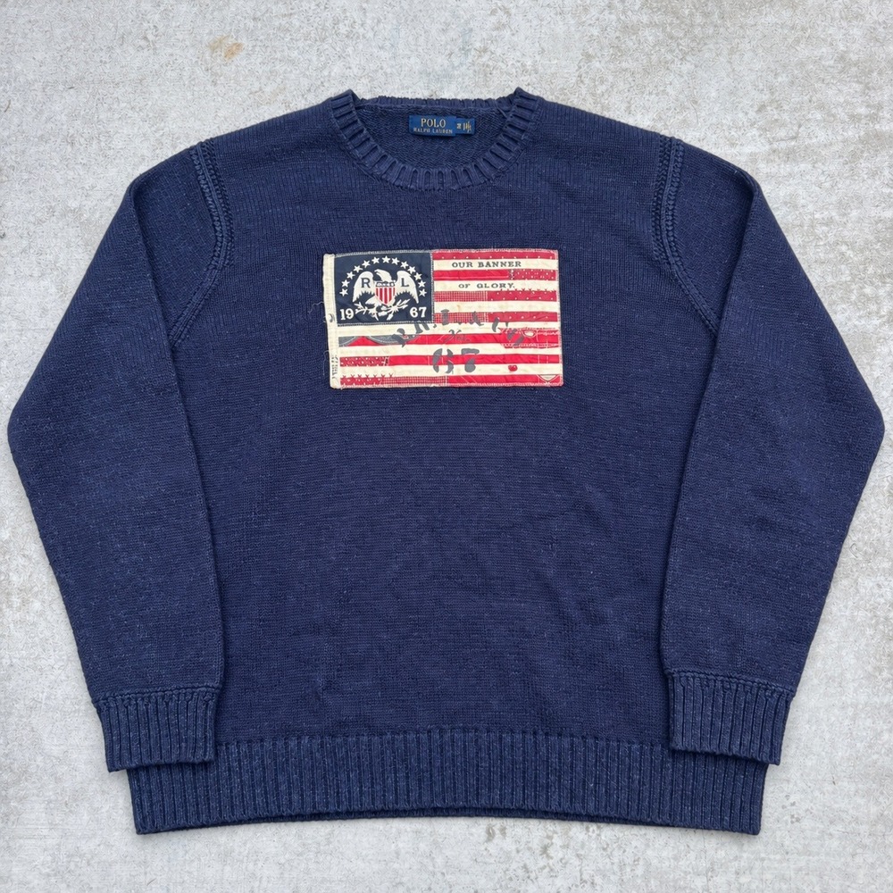 Polo Ralph Lauren Navy Blue Flag Patch Sweater Eagle 2XB Our Banner of Glory